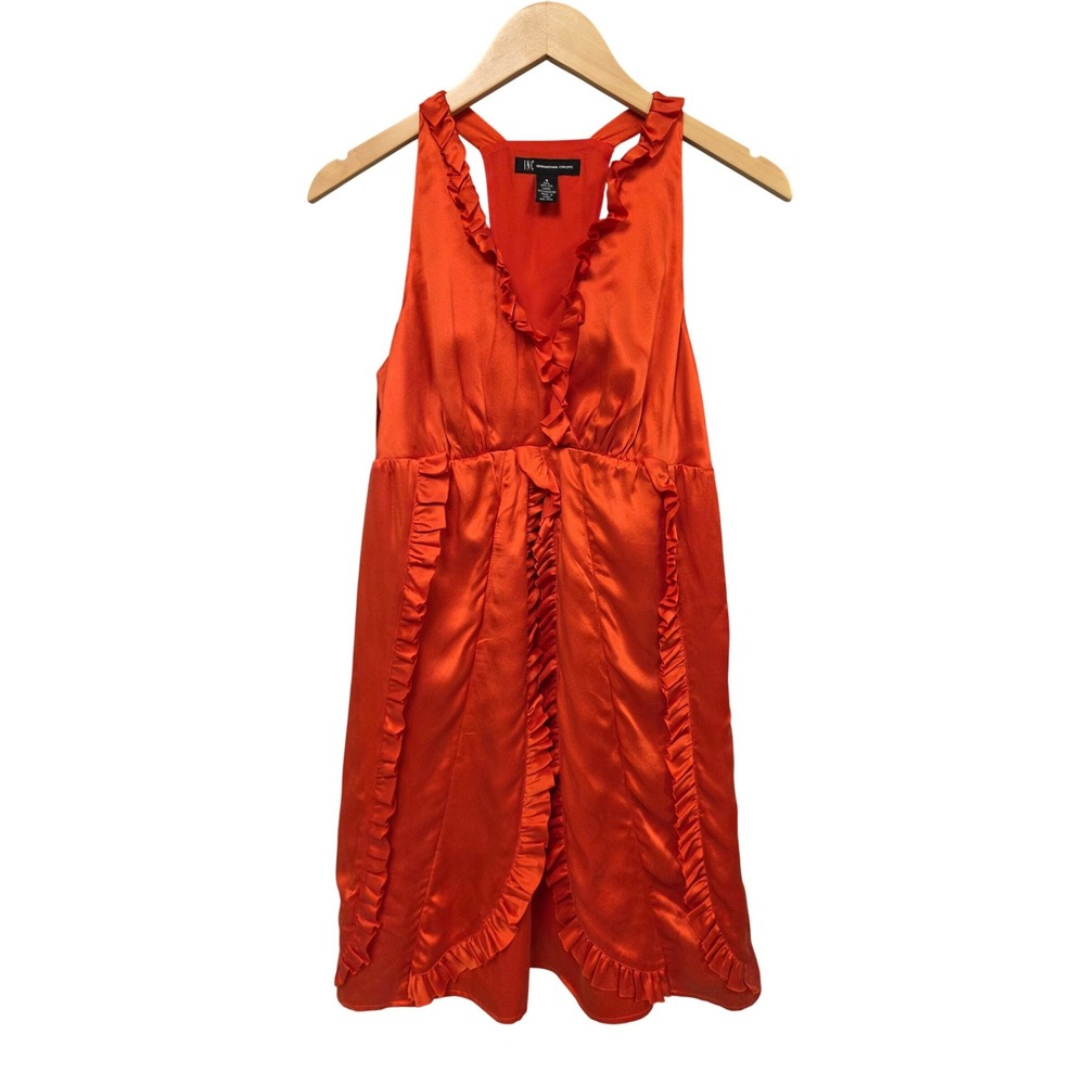 2000's INC 100% Silk Babydoll Ruffle Dress Women 4 Orange Satin Cocktail Party